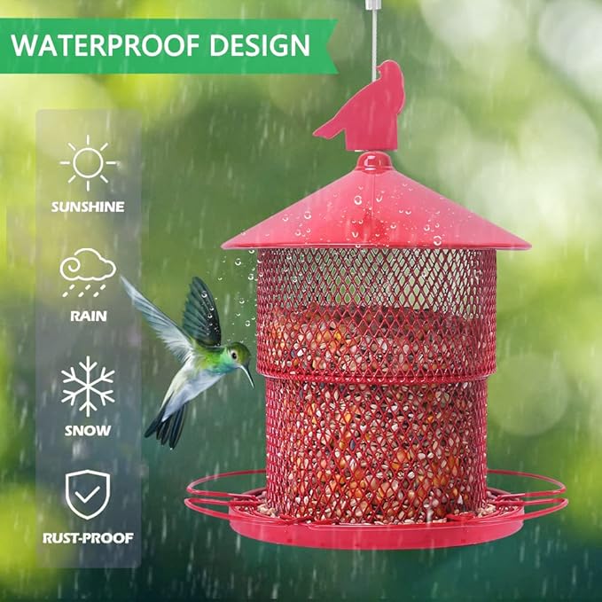 Metal Bird Feeder for Outside Hanging, Bird Feeders Squirrel Proof, 4 Lbs Large Capacity Tube Iron Mesh Wild Birdfeeder for Outdoor Finch Cardinal Chickadees -Red