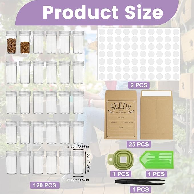 120 Slots Seed Storage Box with 25 Envelopes and Tools, Large Sturdy Storage Organizer for Garden Plant Seeds, Seed Bank with Zipper, Label, Funnel, Tweezers, Tray (Seeds Not Included)