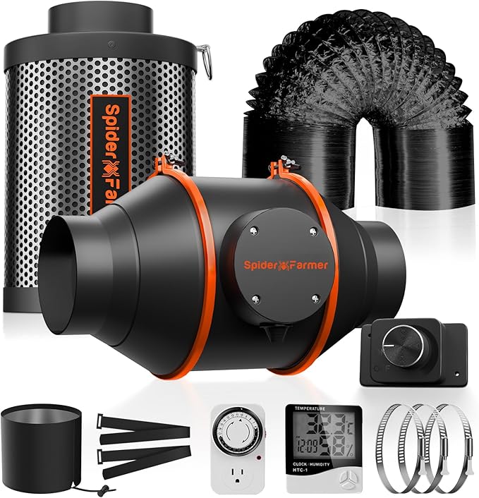 Spider Farmer Air Filtration Kit 4 Inch, Inline Duct Fan with RJ12 Speed Humidity Controller, Carbon Filter Combo, 25 Ft Ducting, Ventilation System Kit for Grow Tents, Hydroponics, Indoor Gardening
