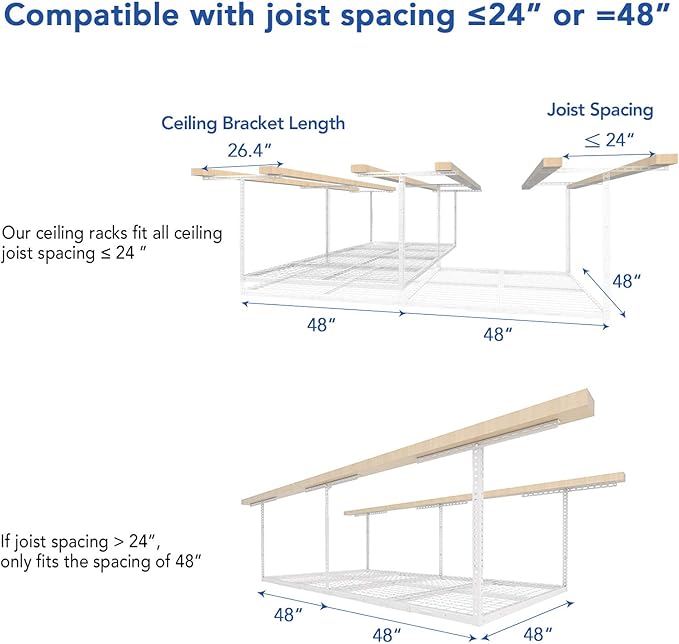 FLEXIMOUNTS 4x8 Overhead Garage Storage Rack, Adjustable Organization System, Heavy-Duty Metal Ceiling Racks, 750lbs Weight Capacity, White