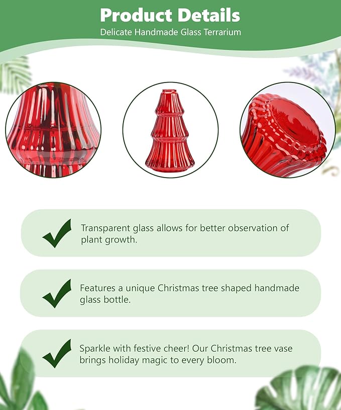 Nacome 3Pcs Tree-Shaped Glass Plant Terrarium,Planter Propagation Station Christmas Tree Decorations for Hydroponics Home Office, Unique Gifts for Plant Lovers Women Mom(Red)