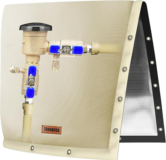 TOHONFOO 2-Way Opening Backflow Preventer Pipe Insulation Cover (5°F) - Irrigation Sprinkler Valve Cover - Water Well Pump Cover - Sturdy 5 Layers for Winter Freeze Protection (24" W x 24" H, Beige)