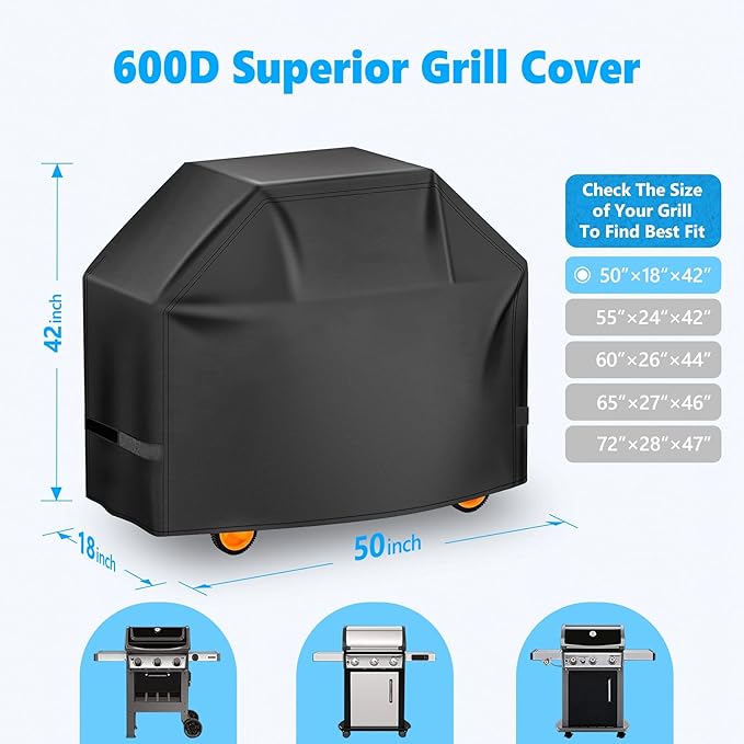 Grill Cover 50 Inch - Superior BBQ Cover for Weber Spirit 300 and 200 Series Grill, 600D Outdoor Barbecue Covers Waterproof Heavy Duty for Weber Spirit E210, E215, E310, E315, E320 and E330
