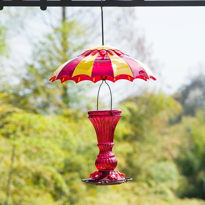 Bird Feeder Baffle 14" with Ant Moat, Beserie Large Bird Feeder Rain Guard Cover with Ant Guard & Shepherd Hooks, Attract Hummingbirds & Anti Squirrel/Sun/Rain/Snow/Ants (Red-Yellow, 14 inches, 35cm)