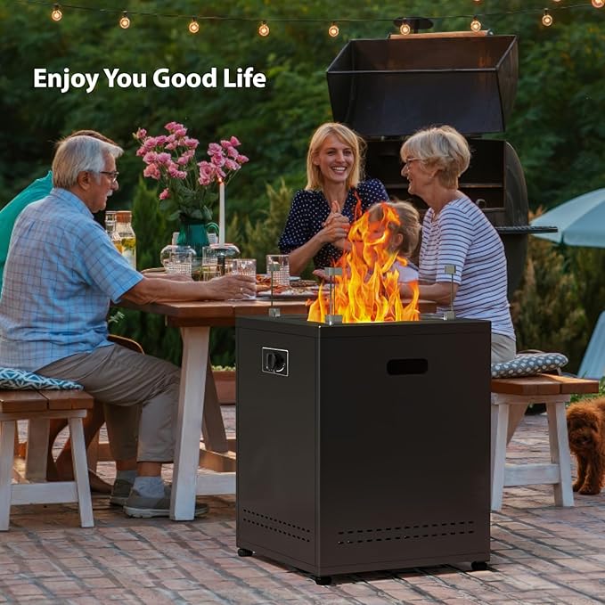 Fire Pit Table Propane Smokeless Fire Pit Outside Heater Patio with Lava Rocks,Glass Wind Guard and Cover,20" Square Fire Pit Table for Balcony Garden Outdoor Camping Deck Backyard,Black