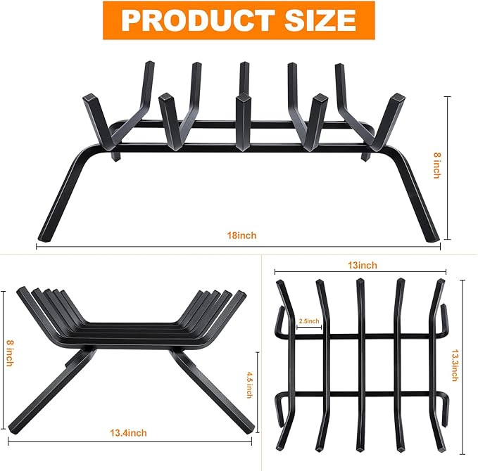 Fireplace Grate,Fireplace Log Holder,18 inch Heavy Duty Solid Cast Iron FIrewood Log Burning Rack for Inside The Fireplace Accessories Outood Fire Pit Kindling Fireplace Tools