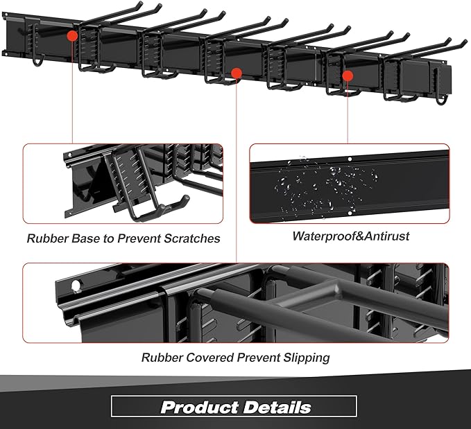 Storaboks Heavy Duty Garage Storage Rack System, Wall Mounted Tool Organizer with 8 Double Hooks, 3 Rails, Garden Yard Tools Hanger for Ski Gears, Broom, Rake, Shovel