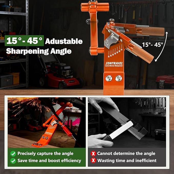 Upgraded Lawn Mower Blade Sharpener with Ball Bearing Handle and 15°-45° Adjustable Frame, for Straight & Standard Lawn Mower Blades,Lawnmower Blade Sharpener Kit with Metal Blade Balancer,5005,Orange