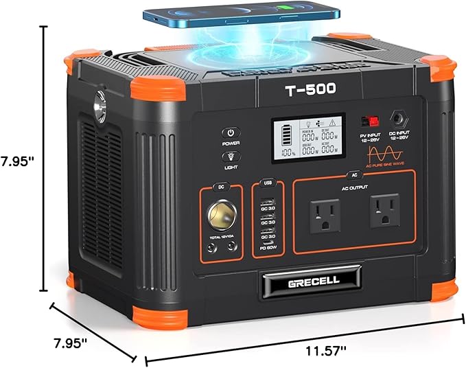 GRECELL Portable Power Station 500W, 519Wh/140400mAh Solar Generator Backup Lithium Battery Pack Power Supply with 2 AC Outlets, PD 60W USB-C Power bank for Outdoor RV Camping Home Outage Emergency