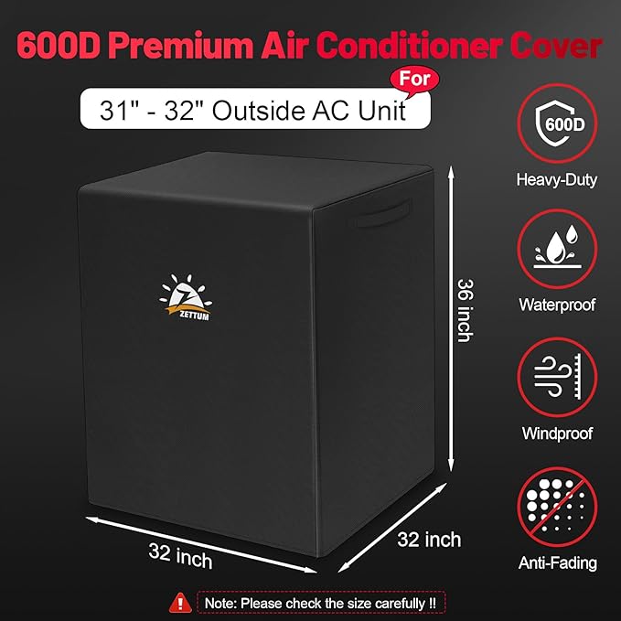 Zettum Air Conditioner Cover for Outside Units 32 Inch - 600D Air Conditioning AC Covers Waterproof, Outdoor Winter Cover for Central AC Condenser, Swamp Cooler, Pool Heater, Heat Pump, HVAC and More