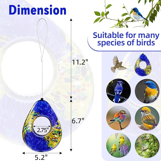 VOREEN Glass Bird Feeder, Fly Through Bird Feeders for Outdoor Hanging, Glass Wild Bird Feeder, for Garden, Yard, Backyard, Deck and Porch Decor, Gift for Mom Wife Friend, Blue Teardrop