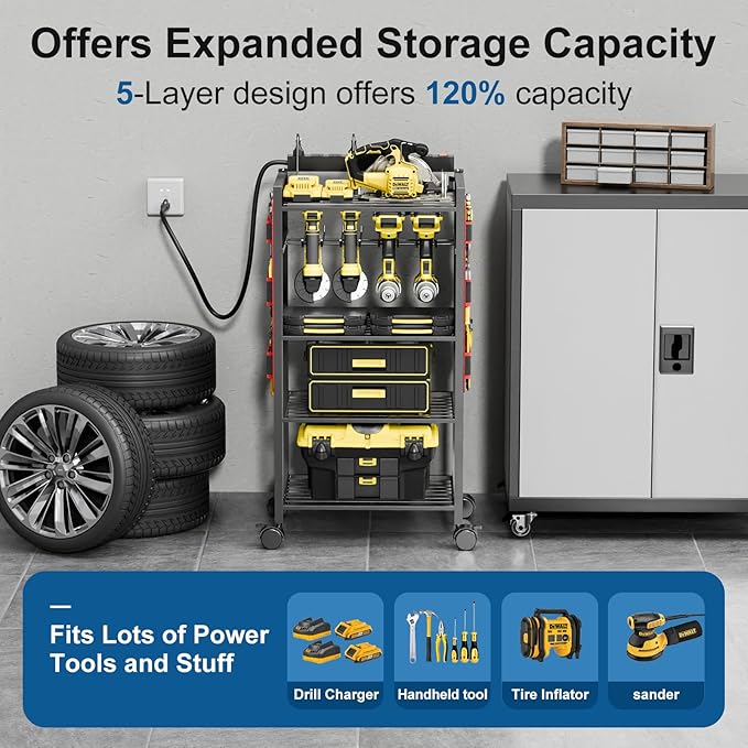 5-Tier Power Tool Organizer Cart with Charging Station - 8 AC Outlets, 300 lbs Heavy Duty Utility Rack, Rolling Drill Holder & Tool Storage Cart on Wheels for Garage, Workshop, Gift for Men