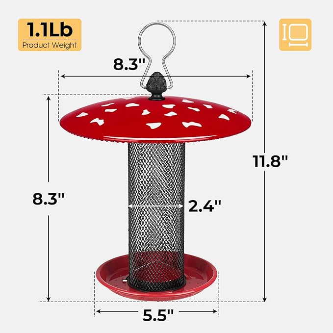 Veehoo Tube Bird Feeders for Outdoors Hanging-Finch Feeder for Nyjer Thistle Seed, Mushroom Metal Mesh Bird Feeder for Outside Hanging, Red