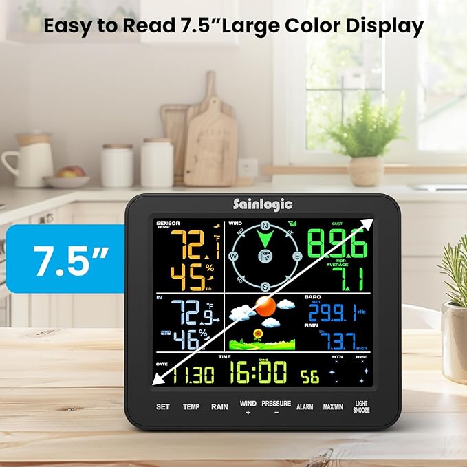 Sainlogic SA8 Home Weather Station with Rain Gauge and Wind Speed, Weather Stations Wireless Indoor Outdoor with Rain Gauge Outdoor, Forecast, Temperature, Humidity, Moon Phase, Alarm Clock(No WiFi)