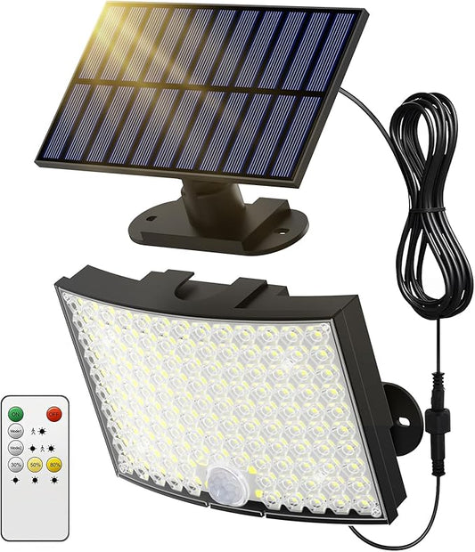 Solar Lights Outdoor, Bright 128 LEDs Flood Light with Optical Lens, Solar Powered Security Lights with 23 ft Cable, Remote Control 5 Modes Motion Sensor Light Outdoor for Garage Yard, 1 Pack