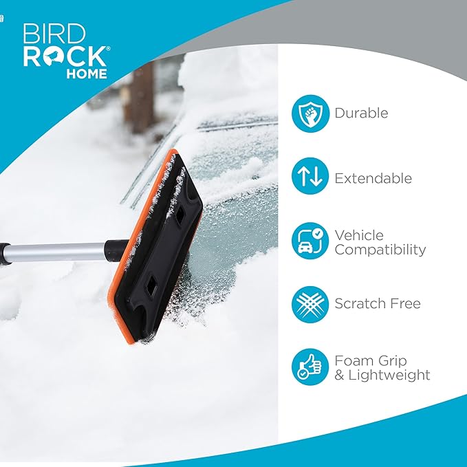 BIRDROCK HOME 36" Extendable Snow Pusher Brush & Detachable Ice Scraper for Cars | Aluminum Grip for Car, Truck, SUV | Safe on Auto Windshield & Windows | Wide Frost Remover for Semi & Small Vehicles