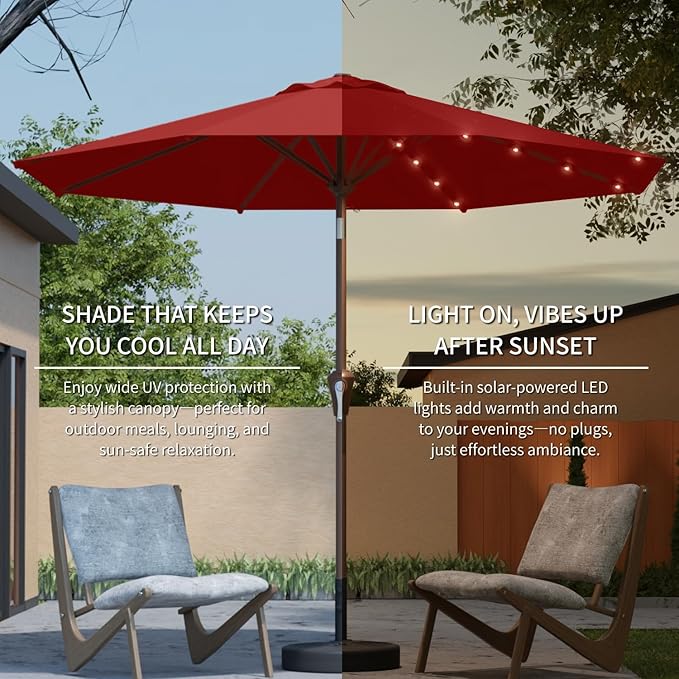 10FT Solar Umbrella 32 LED Lighted Patio Umbrella Table Market Umbrella w/Tilt and Crank, UV-Resistant Outdoor Umbrella for Pool, Garden, Deck, Red