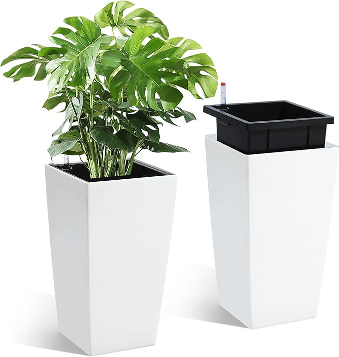 GarveeLife 16 in Tall Planters Set of 2, Outdoor&Indoor Black Planter Pots, High Front Porch Planter Pots with Drainage Holes&Water Level Monitor&Inner Bucket, Automatic Watering,White