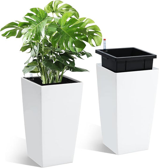 GarveeLife 16 in Tall Planters Set of 2, Outdoor&Indoor Black Planter Pots, High Front Porch Planter Pots with Drainage Holes&Water Level Monitor&Inner Bucket, Automatic Watering,White