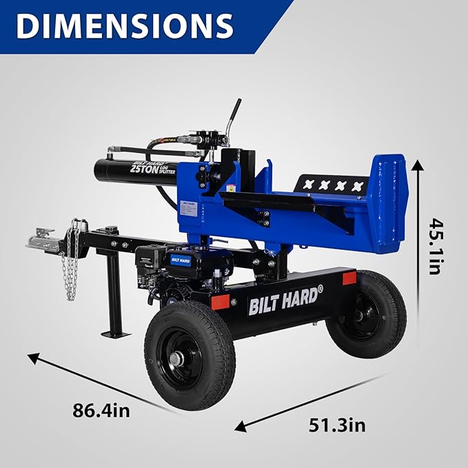 BILT HARD 25-Ton Horizontal/Vertical Gas Powered Log Splitter, Hydraulic Log Splitter with 8 HP 223cc 4-Cycle OHV Engine, 2" Ball Coupler, Safety Chains, Towable Wood Splitter for Firewood Splitting