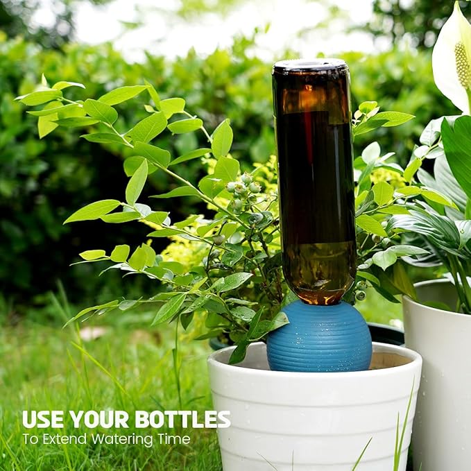 Plant Watering Globes Set of 4, 14oz Terracotta Self-Watering Globes for PottedPlants, Watering Planter Insert Bulbs with Cork Stoppers, Automatic Watering Spikes for Indoor&Outdoor Plants, Blue