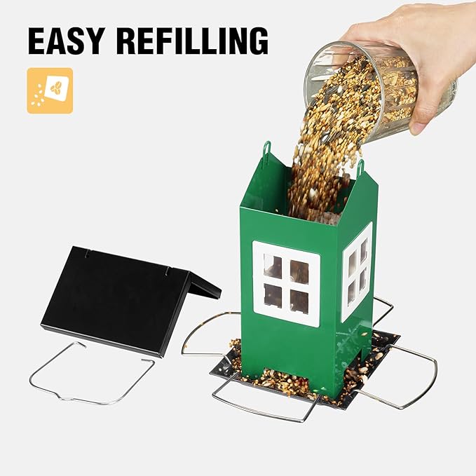 Veehoo Bird House Feeders for Outdoors Hanging-Metal Wild Bird House Feeders with 4 Ports, Country House Design, Garden Yard Decor Weatherproof Hanging Bird Feeder for Outside, Green