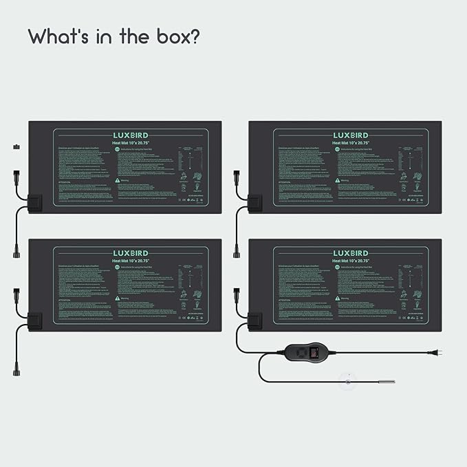 LUXBIRD 4 Pack Seedling Heat Mats with Digital Thermostat Controller, 10" x 20.75" Waterproof for Seed Starting, Germination, Hydroponics, Brewing, Breeding, Greenhouses (LB-HT04)