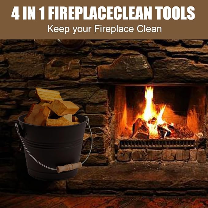 BRIAN & DANY Mini Ash Bucket with Lid and Shovel, 1.3 Gallon Fireplace Bucket with Broom, Ash Can for Fireplace, Ashes, Fire Pit, Wood Burning Stove