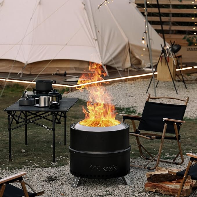 TURBRO 19 Inch Smokeless Fire Pit for Outdoor Wood Burning, Portable Stainless Steel Camping Stove with Stand, Removable Ash Pan, Waterproof Storage Bag, Unique Nested Design, Pluto R19-PG, Black