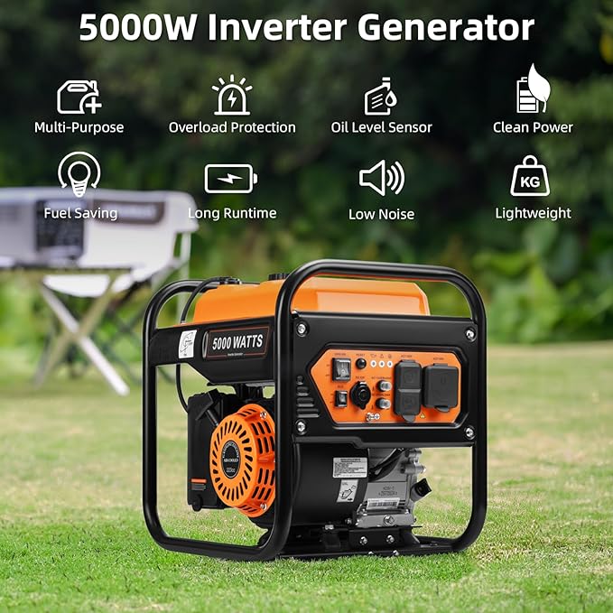 5000W Inverter Generator Gas Powered, Open Frame Generator, Portable Outdoor Power Equipment, Emergency Home Backup, RV Ready 30A Outlet, ECO Mode, EPA Compliant