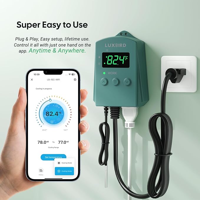 WiFi Digital Heat Mat Thermostat Controller, 32-113°F with Heating Cooling Mode, 365 Day Data Export, 1200W, High/Low Temp Alerts, Plug & Play for Reptile Seedling Brewing Breeding Greenhouse
