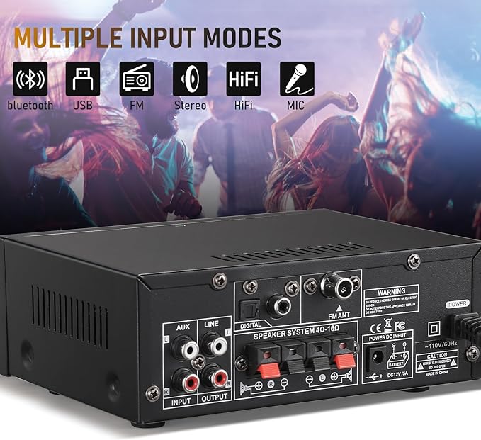 Facmogu BT-398A Stereo Digital Audio Amplifier, Max 450Wx2 HiFi Sound Audio Power Amplifier System, 2.0 Channel Receiver Amp for Home Theater Garage w/Fiber/Copper Jack, USB/SD/AUX/RCA/MIC in w/Echo