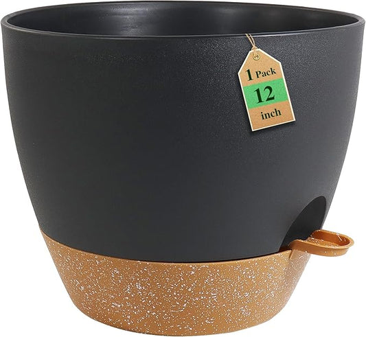 12 inch Large Self Watering Pots, Flower Plant Pots with Drainage Holes for Indoor Outdoor Garden Plants, Plastic Planters with Removable Deep Reservoir, Black with Brown