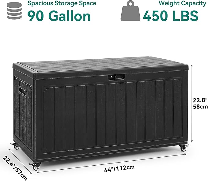 YITAHOME 90 Gallon Outdoor Storage Box with 6 Wheels, Large Double-Wall Resin Deck Box, Lockable Waterproof Outside Storage for Patio Furniture, Cushion, Pool Float, Garden Tool, Black