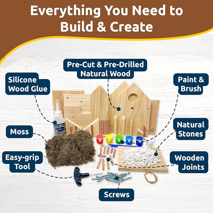 SparkJump Cottage Birdhouse Kit - Easy DIY Bird House for Outdoors, Cedar Roof & Front Porch, Natural Stones, FSC Certified Wood, Fun Family Crafting Project