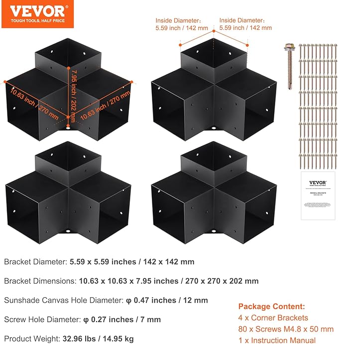 VEVOR Pergola Bracket Kit 6''x6''(Inner Size 5.6x5.6), 4pcs 3-Way Heavy Duty Corner Bracket Woodworks DIY Post Base Kit, Easy Installation Wooden Beams for Gazebos, Patio Pergolas, Log Cabin Outdoor