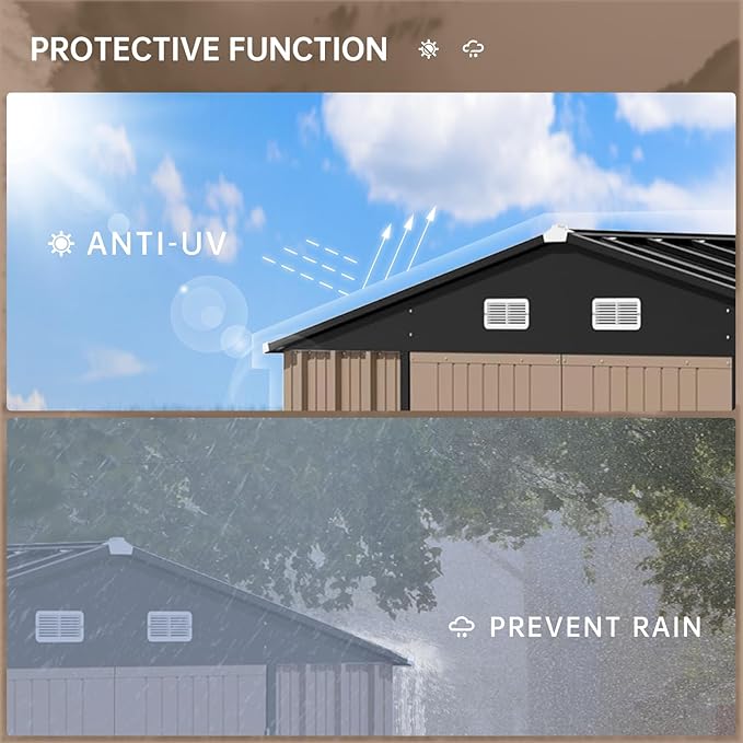 Garvee 10×8FT Outdoor Storage Shed, Metal Waterproof Garden Storage Shed Galvanized Steel Utility Tool Shed with Lockable Doors & Vents, All-Weather Shelter for Bike/Kids Car/Mowers/Tool, etc. Brown
