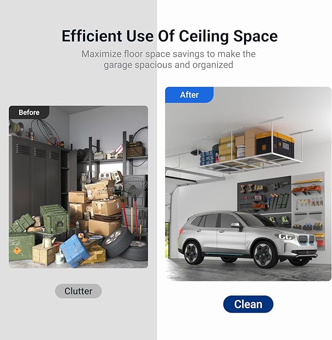 FLEXIMOUNTS 4x8 Overhead Garage Storage Rack, Adjustable Organization System, Heavy-Duty Metal Ceiling Racks, 750lbs Weight Capacity, White