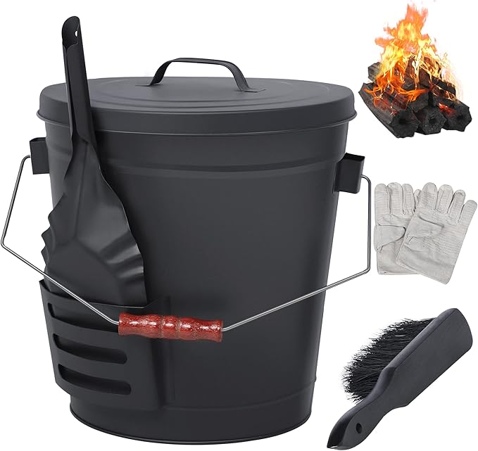 NATURAL EXPRESSIONS Fireplace Ash Bucket with Lid, 5.3 Gallon Coal Bucket with Shovel,Hand Broom and Gloves, Metal Buckets Pail Ash Can for Pellet Charcoal Wood Fire Pits