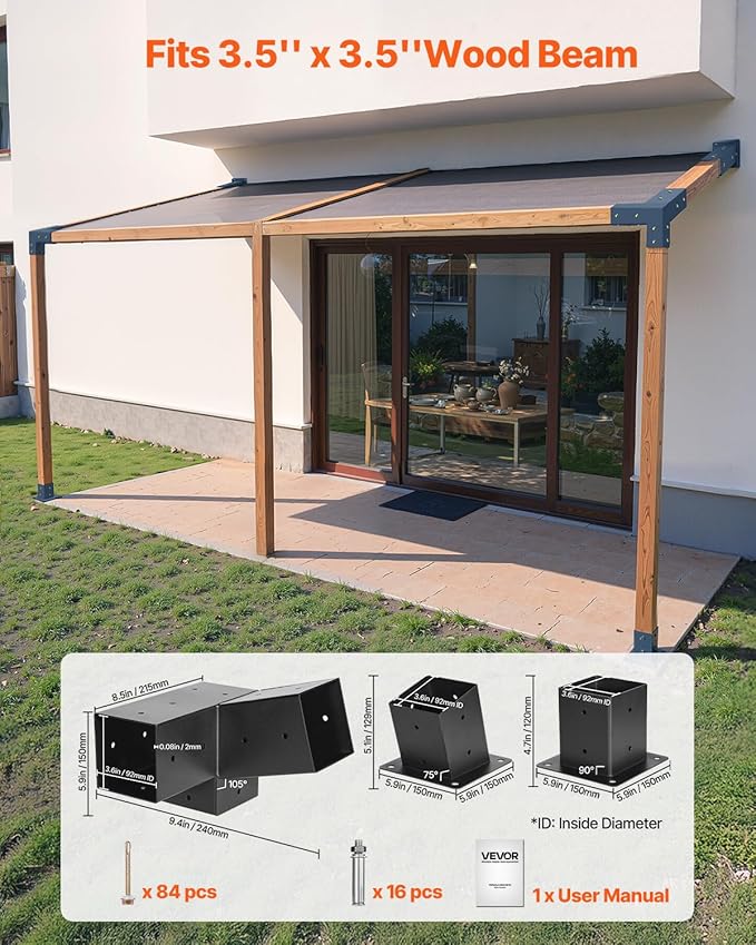VEVOR Pergola Kit, 4x4 Inch 3-Way Slanted Brackets for 3.5x3.5 Inch Wood Beams in Actual Size, 2-Pack Pergola Brackets with 2 Post Bases and 2 Wall Mount Bases, for Outdoor Pergolas, Gazebos, Sheds