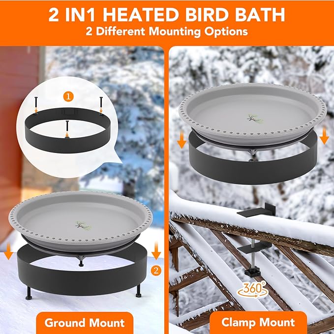 2 in 1 Heated Bird Bath for Outdoors for Winter,100W Bird Bath Heater with Thermostatically Controlled,Heated Bird Bath for Deck Railing for All Seasons Outdoor Garden Yard Patio Lawn(Grey)