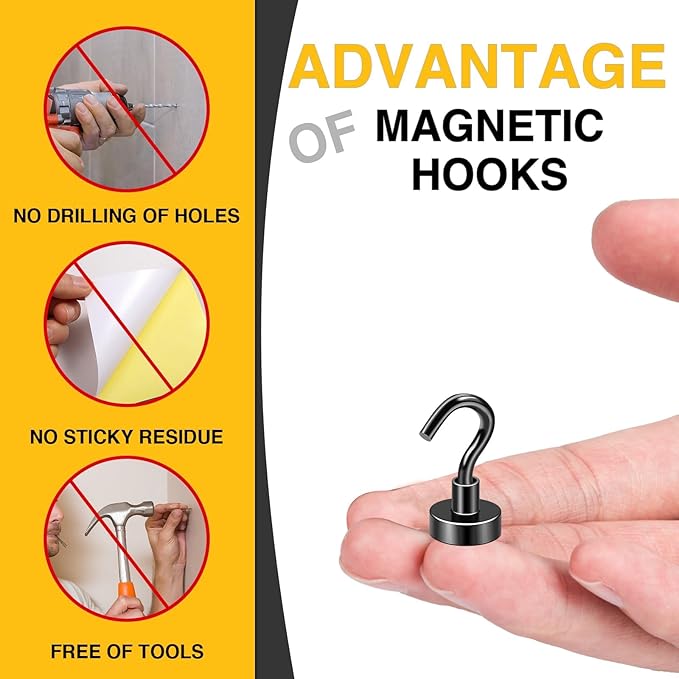 DIYMAG Magnetic Hooks for Hanging Cubicle Accessories, 30lbs 2025 Cruise Cabin Ship Essentials N52 Magnetic Hook Heavy Duty Strong Magnets Fridge for Classroom Beach Kitchen Grills 10 Pack Black