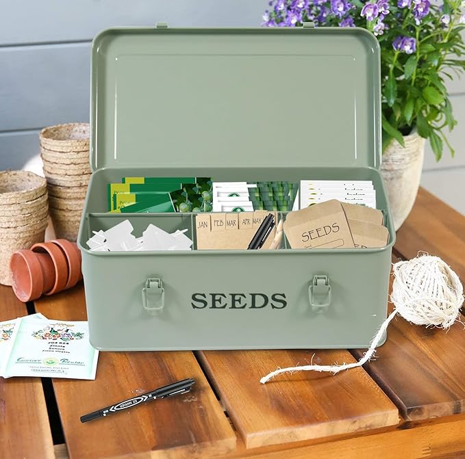 Seed Storage Organizer, 4 Compartment Seed Storage Box with Safety Lock, Metal Seed Box Container with 2 Pens, 20 Plant Labels and 50 Seed Envelopes for Seed Packet & Small Garden Tool, Green