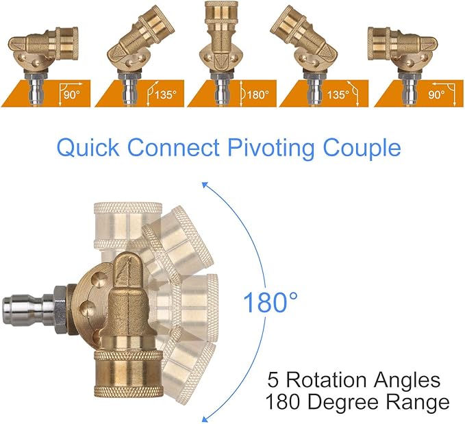 STYDDI Pressure Washer Quick-Connect Pivoting Coupler Kit, 7 Pack Power Washer Nozzle Tips and Quick Connect Pivot Adapter Coupler with 5 Different Angles, 1/4 inch, 2.5 GPM, 4500 PSI