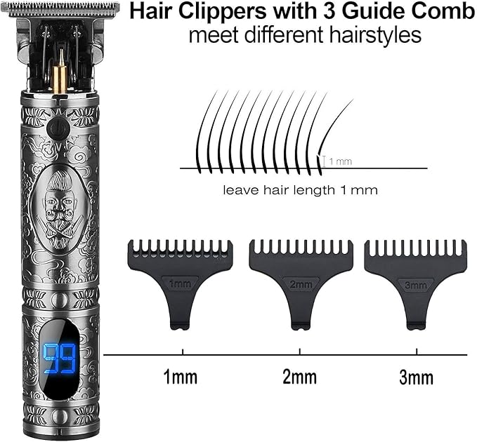 Suttik Hair Trimmer for Men, Professional Hair Clippers for Barber, Beard Trimmer for Men, Cordless Edgers Clippers, Ornate Knight T-Blade Close Cutting Trimmer with LCD, Gray