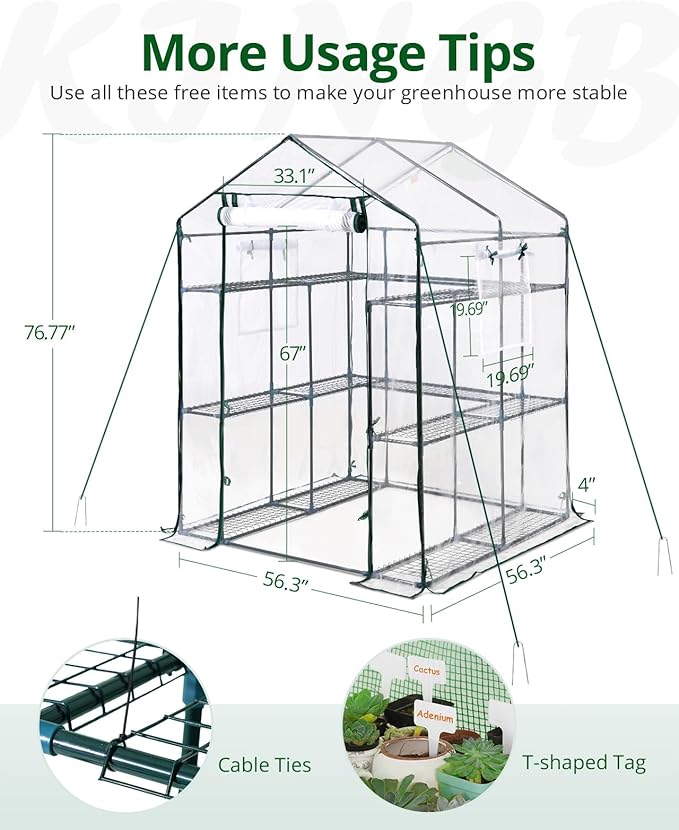KING BIRD Premium Greenhouse for Outdoors, 56 x 56 x 77 Upgraded PVC Cover & Steel Frame Walk in Hot House, w/ Zippered Screen Windows Mesh Door, 3 Tiers 14 Shelves for Outside Garden, Clear