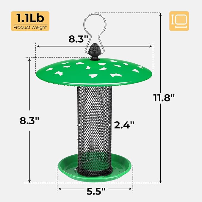 Veehoo Tube Bird Feeders for Outdoors Hanging-Finch Feeder for Nyjer Thistle Seed, Mushroom Metal Mesh Bird Feeder for Outside Hanging, Green