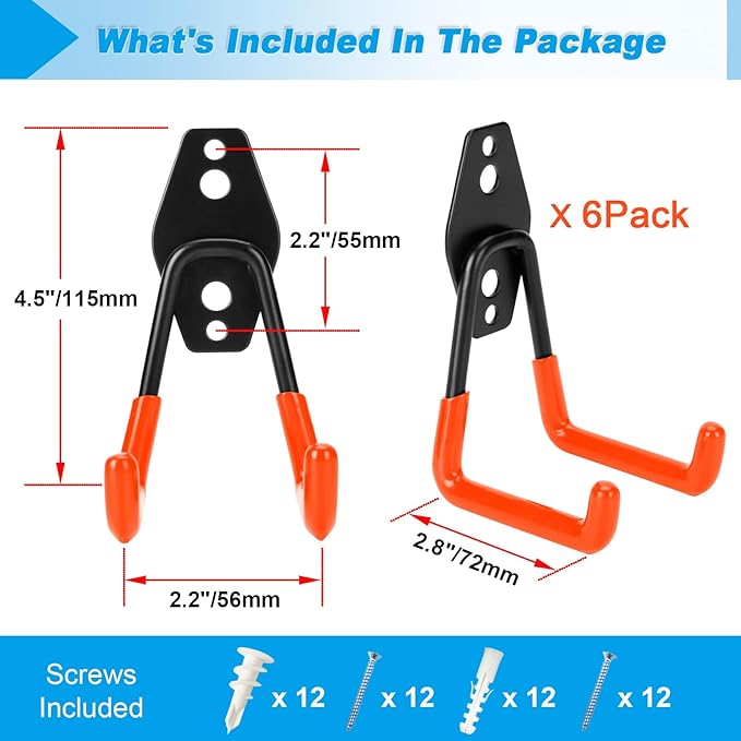 6 Pack Garage Hooks Heavy Duty - Supports 100 lbs, Utility Steel Garage Hanger & Organizer for Organizing Garden Lawn Tools, Ladders, Garden Hose, Digging Shovel, Bikes, Ropes (Orange)