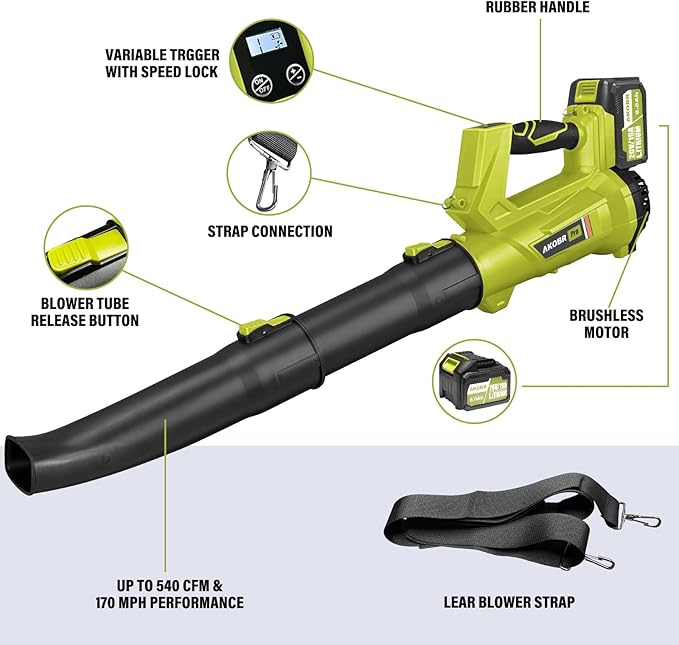 Electric Cordless Leaf Blower,540 CFM/170 MPH,Battery Powered with 2 x 6.0Ah Batteries,6-Speed & Turbo Mode,Lightweight for Lawn Care,Patio,Leaves,Dust,and Snow Removal