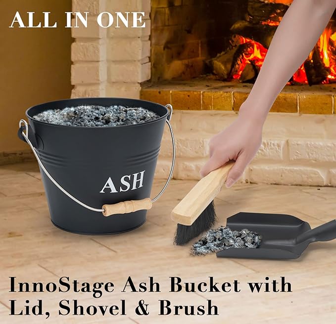 Mini Ash Bucket with Lid, Shovel and Broom, 1.5 Gallon Fireplace Metal Bucket with Lid, Charcoal Bucket and Ash Can for Fireplace, Fire Pits, Hearth, Wood Burning Stoves, Indoor and Outdoor